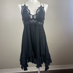 Free People Adella Mini Slip XS Dress Boho Chic Lace Tiered Ruffles Black Boho